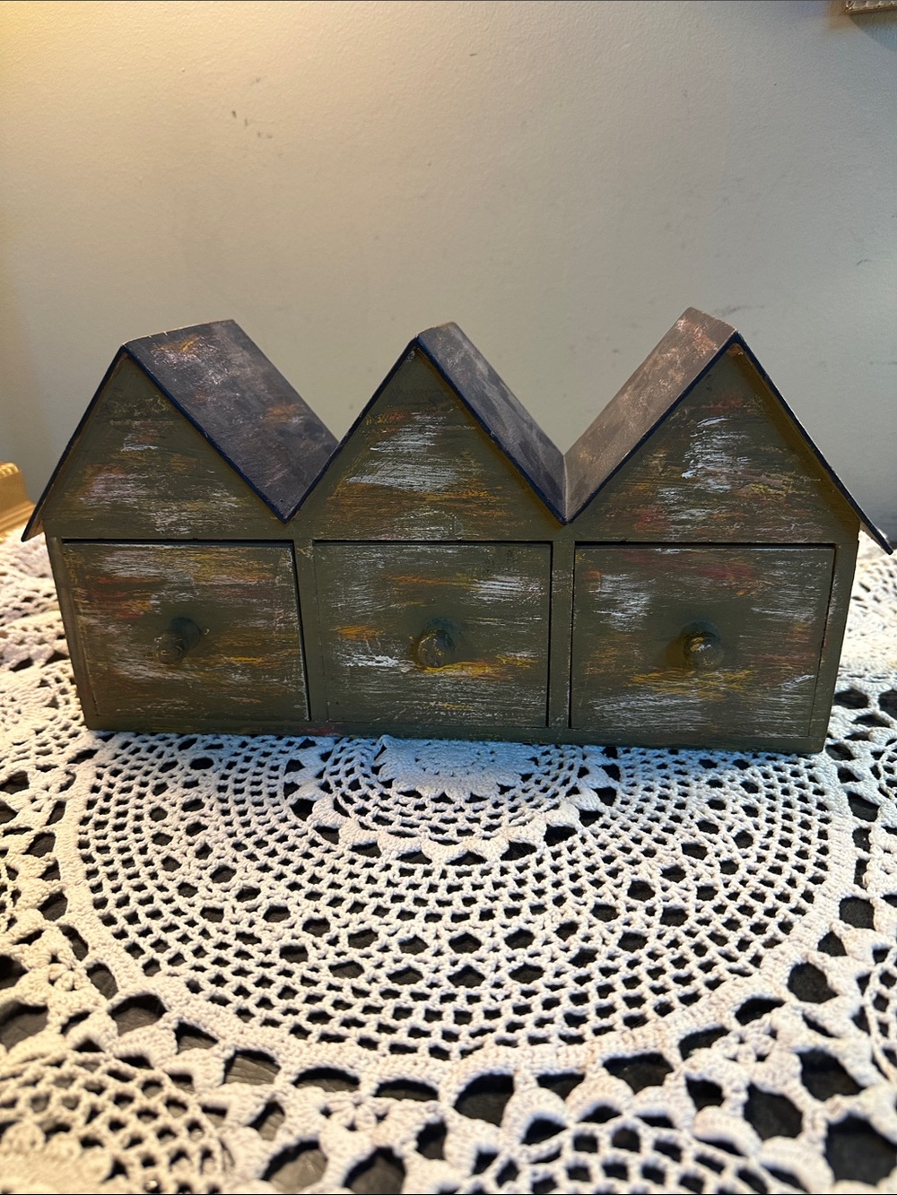 Rustic Wooden Triple Drawer House Organizer - Olive Green